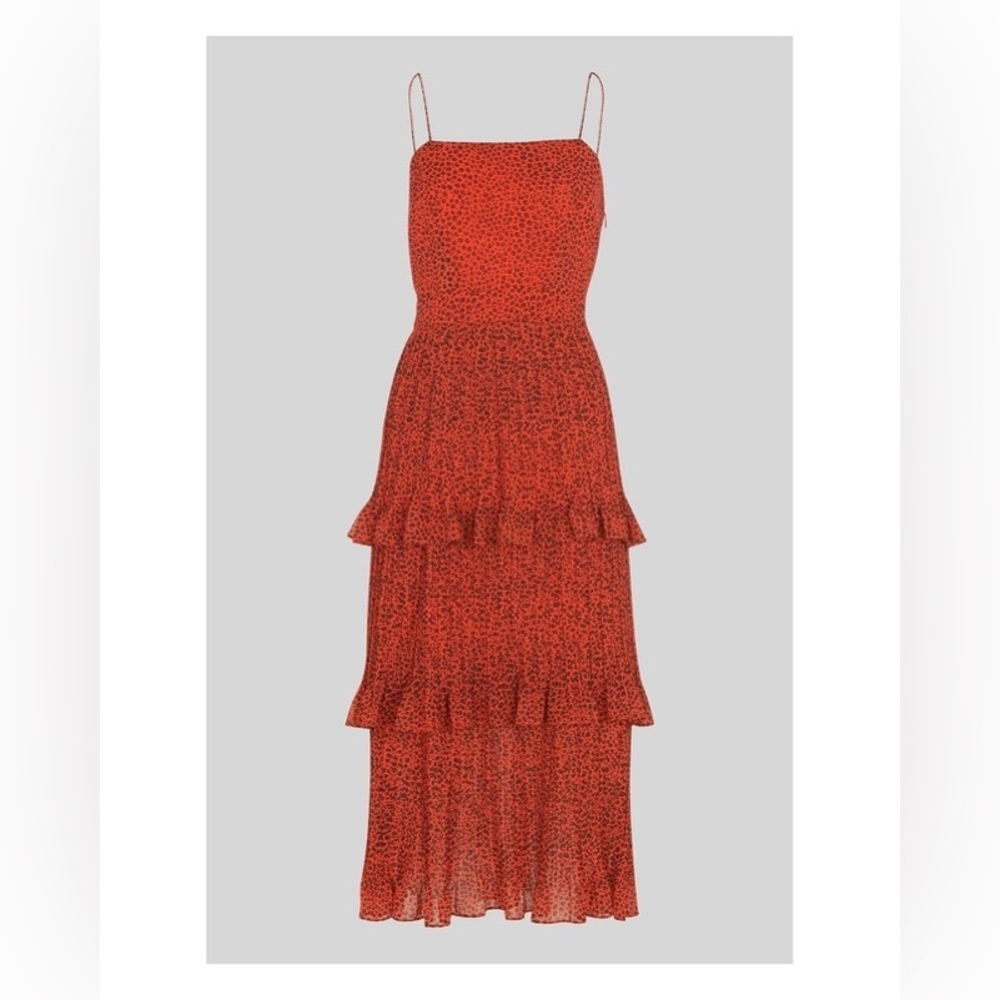Whistles London Pleated Orange Midi Leopard Print Dress